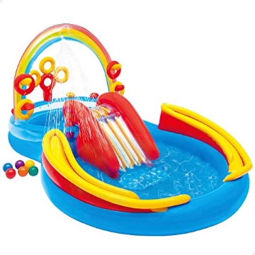Picture of Intex Entertainment 57453EP Intex 57453EP 9.75 Foot x 6.3 Foot x 53 Inch Multicolor Rainbow Slide Kids Inflatable Pool with Water Slide and Ring Toss for Children Ages 2 and Up (EA)