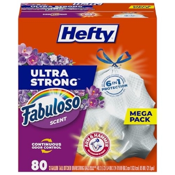 Picture of Hefty 00E88390 Hefty Ultra Strong 13 Gallon Trash Bags, Tall Kitchen Trash Bags 13 Gallon Size, Resist Leaks, Punctures, and Rips, Continuous Odor Control, White, Fabuloso Scent, 80 Bags (PK-3-EA)