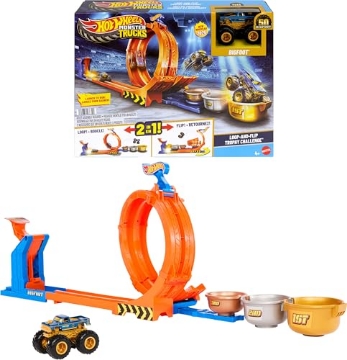 Picture of Hot Wheels JBX64 Hot Wheels Monster Trucks Toy Truck & Track Set, Loop-and-Flip Trophy Challenge Playset & 1:64 Scale 50th Anniversary Die-Cast Bigfoot, 2 Ways to Play (EA)
