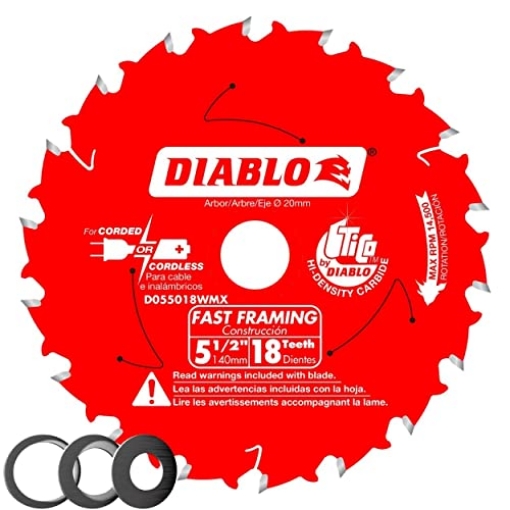 Picture of Diablo D055018WMX Diablo Fast Framing Saw Blade for Wood - Hi-Density Carbide - 5-1/2" Diameter, 18 ATB Teeth, 20mm Arbor, .049" Kerf, 18� Hook Angle, .039" Plate, 12000 Max RPM - D055018WMX (EA)