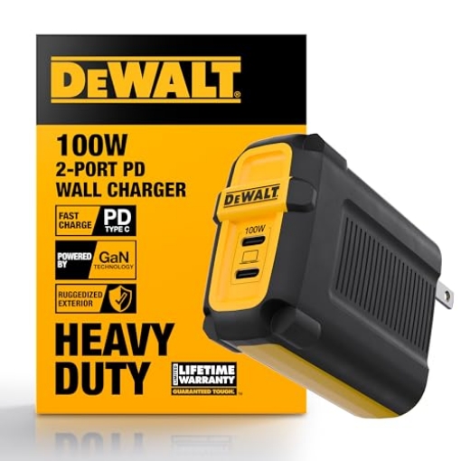 Picture of DEWALT(R) 131 0874 DW2 DEWALT Heavy Duty 100W USB C Charger Block(GaN), 2 Port 100 Watt Fast Compact Wall Charger for MacBook Pro, MacBook Air, Google Pixelbook, ThinkPad, Dell XPS, iPad Pro, Galaxy S22/S20, iPhone 16/15/14 (EA)