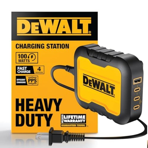 Picture of DEWALT(R) 131 1328 DW2 DEWALT Heavy Duty 4 Port USB C Charger Block, 100W USB C Charger Intelligent Power Sharing, 6ft Power Cord, Charge 4 Devices Compatible w/DEWALT 20V Batteries, Perfect for Work Tables & Jobsites (EA)