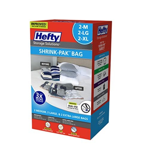 Picture of Hefty HFT-7052463-2 Hefty Shrink-Pak - 2 Medium, 2 Large, 2 XL Vacuum Seal Storage Bags – Space Saver Bags for Clothing, Pillows, Towels, or Blankets, 6 Pc Set (PK-2-EA)