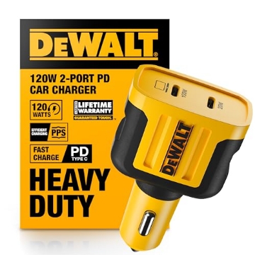 Picture of DEWALT(R) 141 0484 DW2 DEWALT Heavy Duty USB C Car Charger, 120W 2-Port PD 3.0 Type C Adapter, PPS Fast Charging w/Power Delivery for iPhone 17 16 15 14 13 Pro Max Mini Galaxy S22/S20/S10 Pixel iPad/iPad mini (EA)
