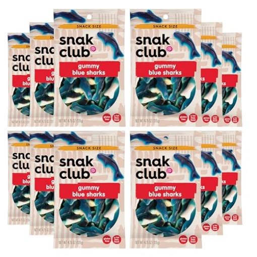 Picture of CENTURY SNACKS LLC 1785774 Snak Club Gummy Sharks Candy, Blue Raspberry Fruit Flavored Candy Gummies, Soft and Chewy, Fat-Free and Gluten-Free Snacks, 2.75 oz Snack Bags, 12 Pack (PK-12-EA)