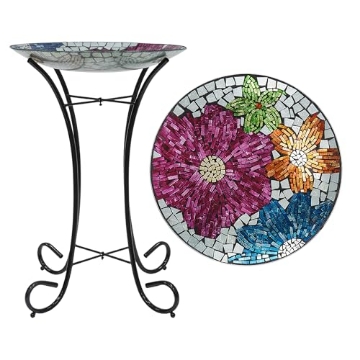 Picture of Alpine Dairy, Inc. HMD106A Alpine Corporation 24" Tall Outdoor Floral Glass Birdbath Bowl with Metal Stand, Multicolor (EA)