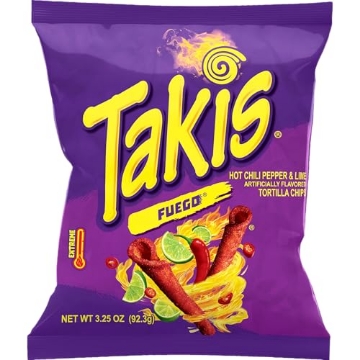 Picture of TAKIS BAR04807 Takis Fuego, Hot Chili Pepper & Lime Flavored Extreme Spicy Rolled Tortilla Chips Snack Size Bag (PK-20-EA)
