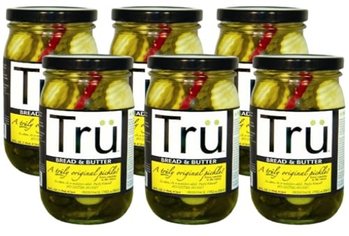 Picture of TRU PICKLES 3018 Tru Bread & Butter Pickles – Pure Natural Pickles with Perfect Balance of Seasonings - No Colors, Oil, Emulsifiers | Purely Natural & No Gluten | Classic Original Flavor Since 1900s | 16 Fl Oz (Pack of 6) (PK-6-EA)