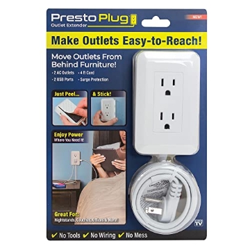 Picture of AS SEEN ON TV SKT-MC12/4 Ontel Presto Plug Outlet Extender for Relocating Unreachable Power Outlets, 4ft Cord, Sticks Easily on Wall, Provides Surge Protection, 2 AC Outlets, 2 USB Ports & Built-in Shelf (EA)