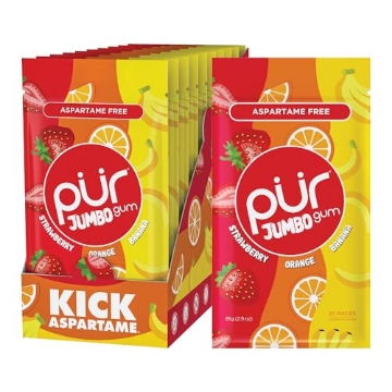 Picture of PUR JUMBO JUM001US PUR Jumbo Gum | Aspartame Free Chewing Gum | 100% Xylitol | Natural Strawberry, Banana, Orange Flavor, 20 Pieces (Pack of 10) (PK-10-EA)