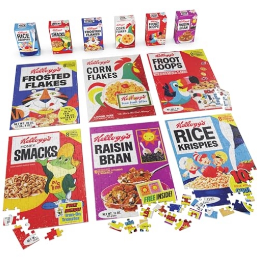 Picture of SPIN MASTER 6062175 Spin Master Games, Kellogg's Cereal 100-Piece Puzzles 6-Pack, Square Cereal Boxes Puzzle Gift Set, Froot Loops, Rice Krispies, Raisin Bran, Corn Flakes, Frosted Flakes, Honey Smacks for Ages 4 & Up (EA)
